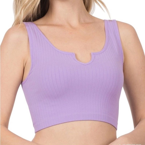 Zenana Outfitters Tops - Zenana Ribbed Seamless Split Neck Crop Top, Lavender